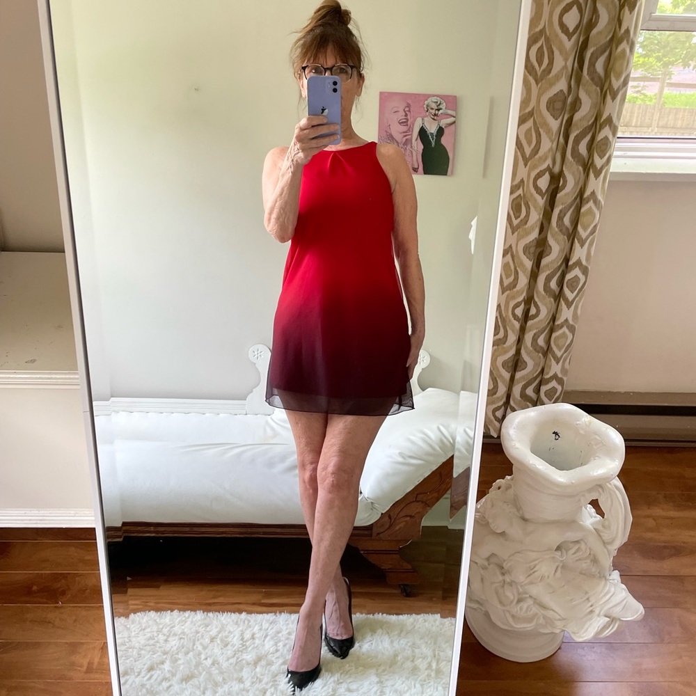 RED BLACK OMBRE SLEEVELESS OPEN FIT DRESS SHEER TULLE LINED